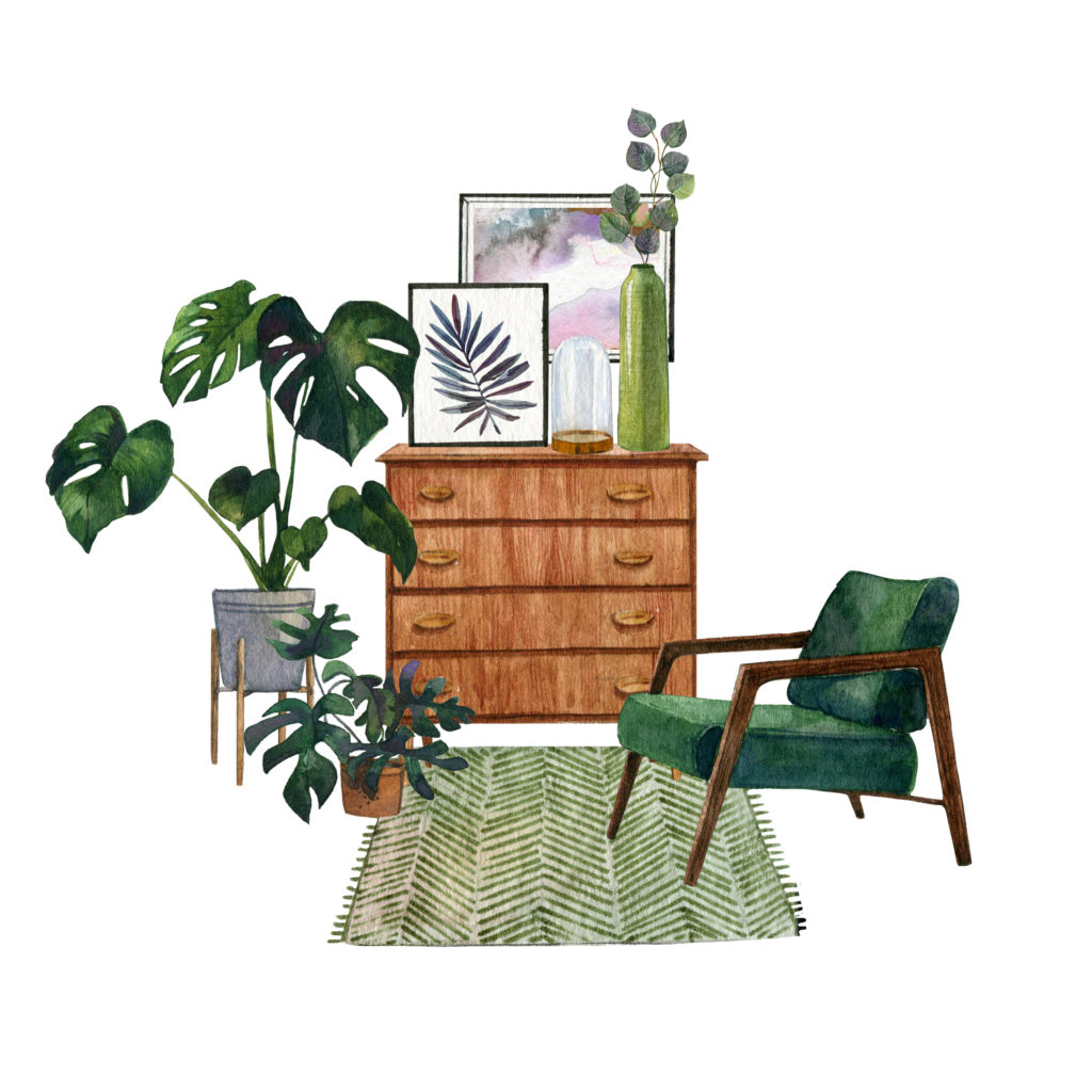 Watercolor image of a new traditional interior design style with chest of drawers, lounge chair, and plants.