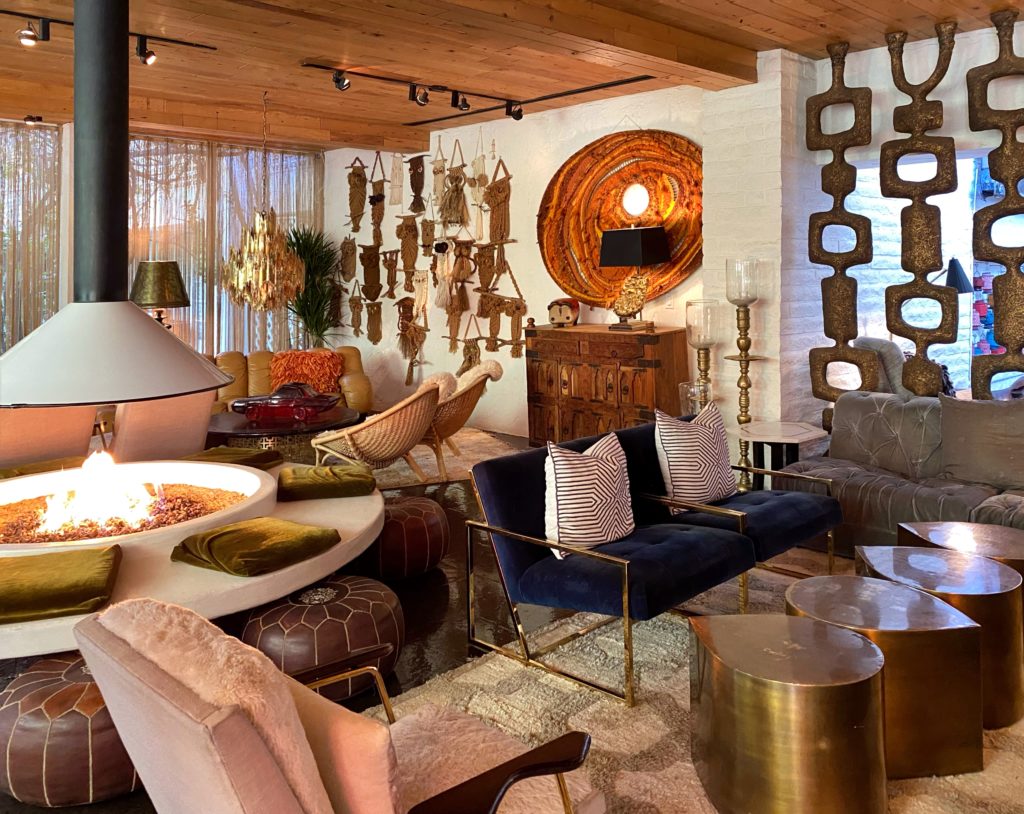 Eclectic mix of bohemian interior design furniture in the living room lounge of the Parker Palm Springs Hotel.