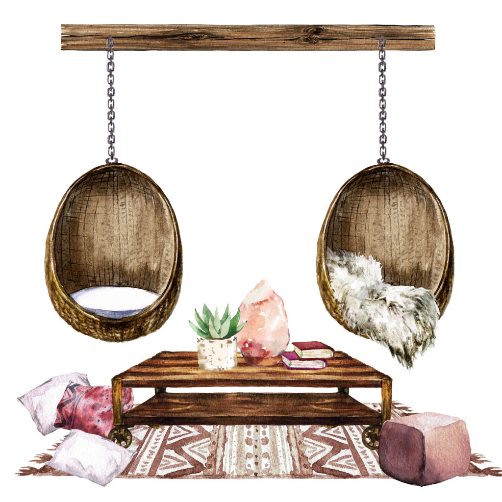 Watercolor image of a Boho interior with hanging woven swing chairs.