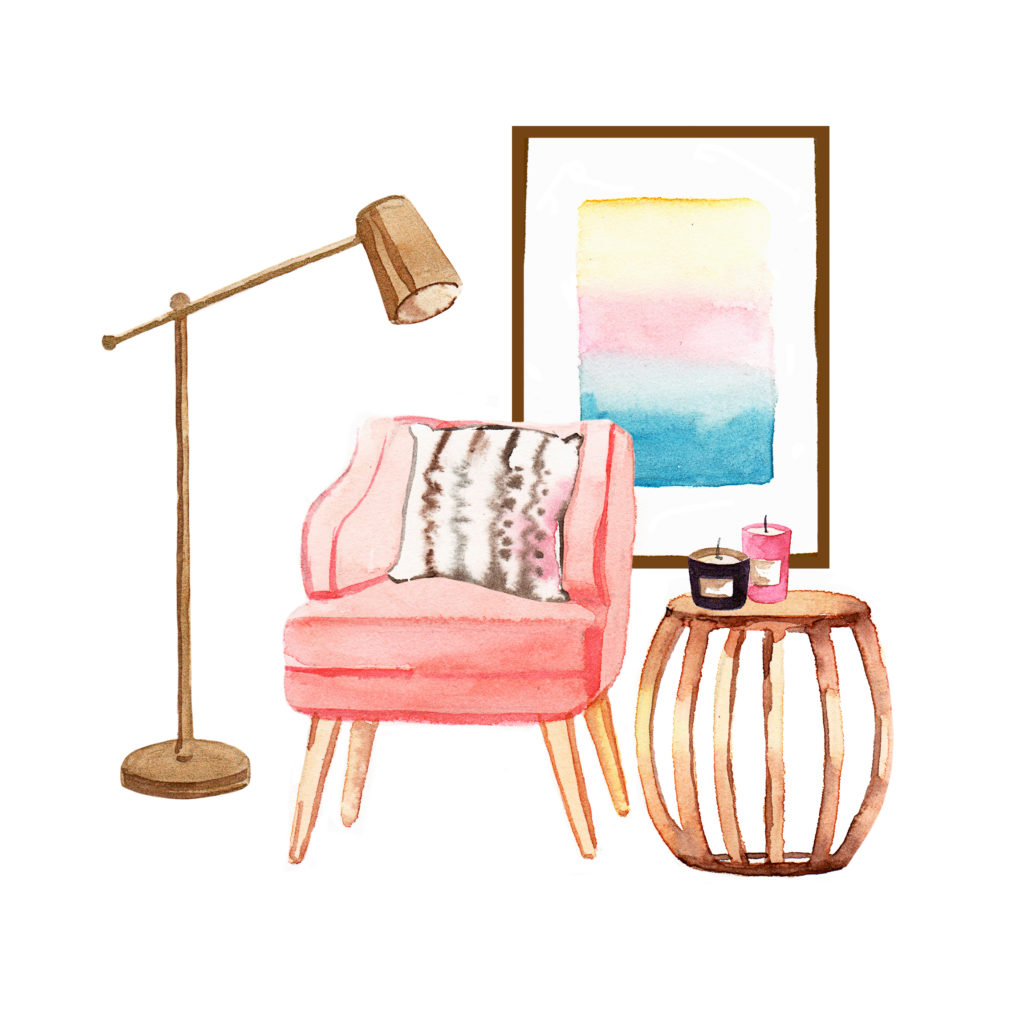Boho interior design style seating group with lounge chair, floor lamp, and artwork in watercolor.