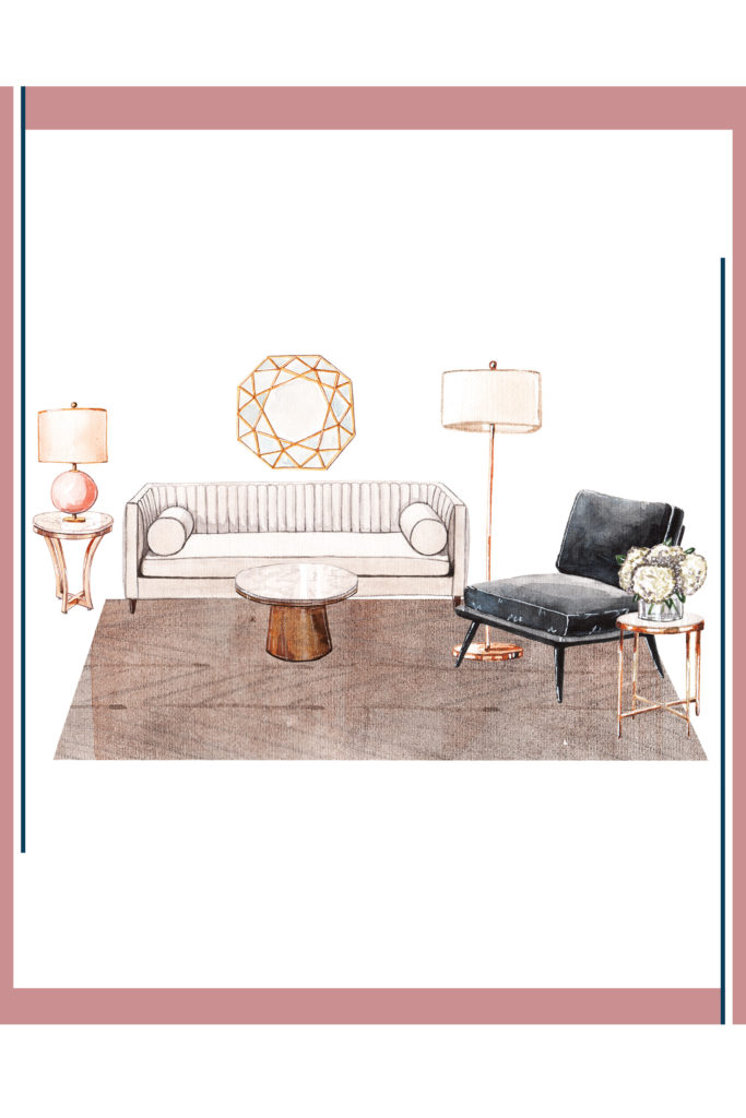Watercolor image showing living room in luxe interior design style.
