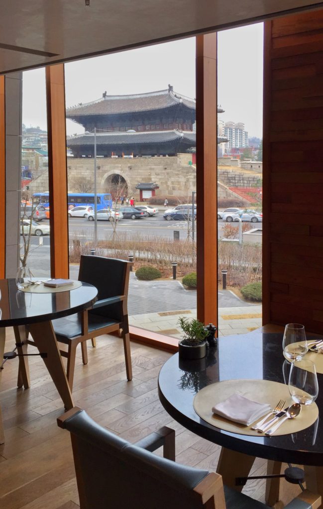 View from the restaurant, the historic Dongdaemun Gate in Seoul, South Korea.