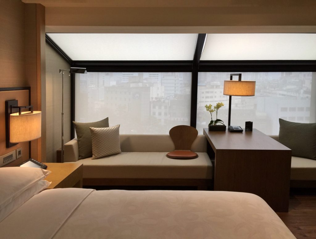 Cozy window seat in the guest room at the JW Dongdaemun hotel in Seoul.