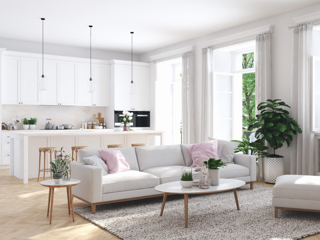 Decorating myths - only use white for ceilings. Modern white interior design kitchen and living room with sofa, barstools, cabinets, and tables.Modern white interior design kitchen and living room with sofa, barstools, cabinets, and tables.