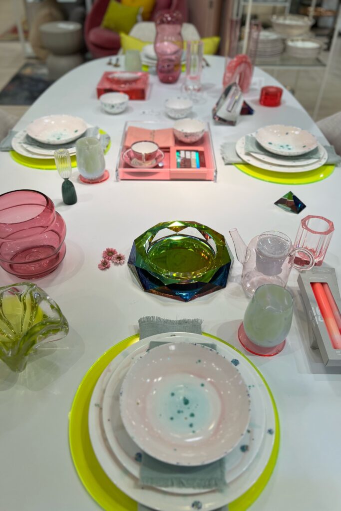 ABC Home - the best home decor store in New York City - graphic table setting - pink and neon yellow colors.