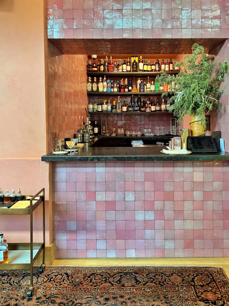 Luxury hotel in dowtown Los Angeles - Blush pink tiled bar at the Dahlia Lounge in the Proper Hotel.