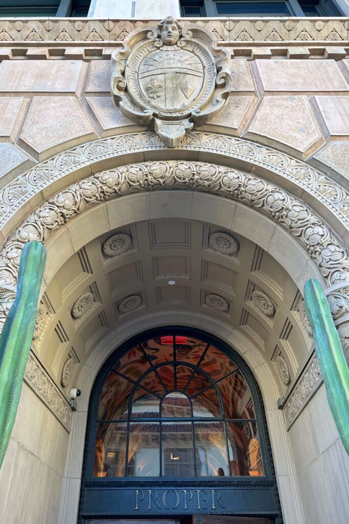 Luxury hotel in dowtown Los Angeles - Architectural arched entry with Proper Hotel signage.