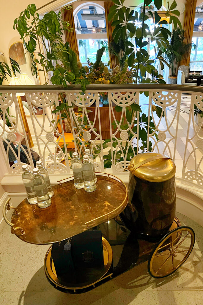 Vintage tea cart in the Art Deco style lobby of the Georgian Hotel in Santa Monica.