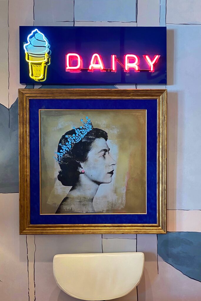 British artwork dopamine decor humor with the neon Dairy Queen artwork in the lobby of the Virgin Hotel in Dallas.