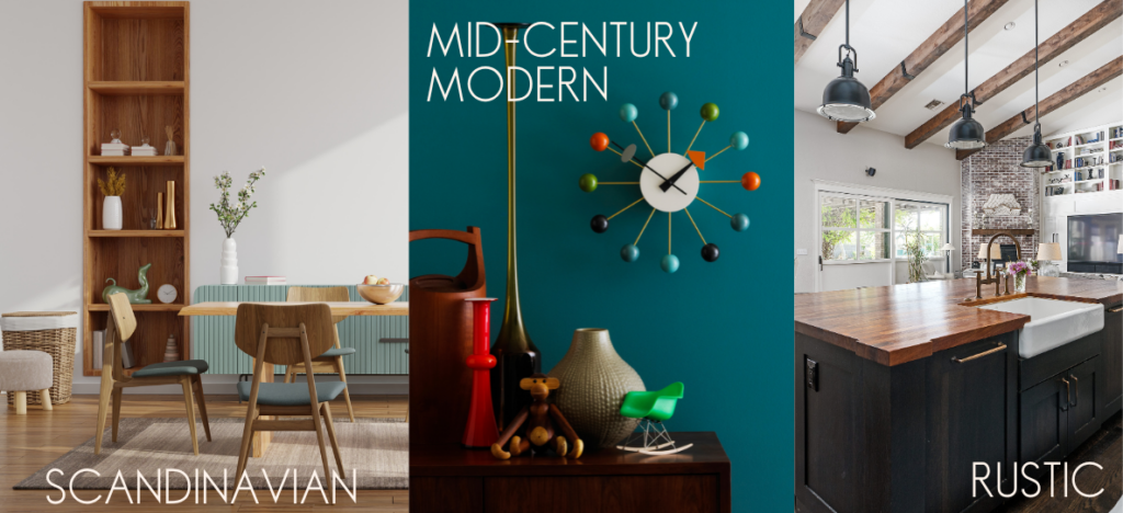 Trio of 3 different interior design style spaces including Scandinavian, Mid-Century-Modern, and Rustic.