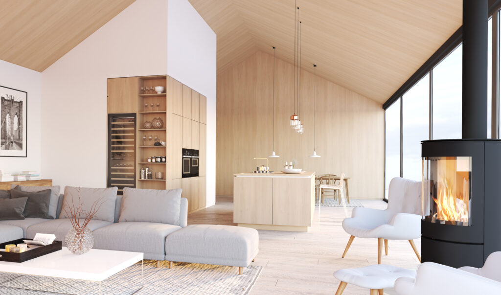 Scandinavian style living room interior design with open concept kitchen and neural color palette.