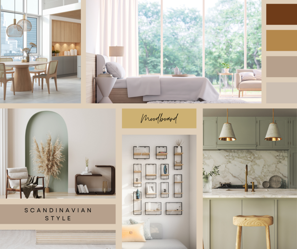 This is an interior design moodboard showing interior design inspiration images for a Scandinavian interior design style.