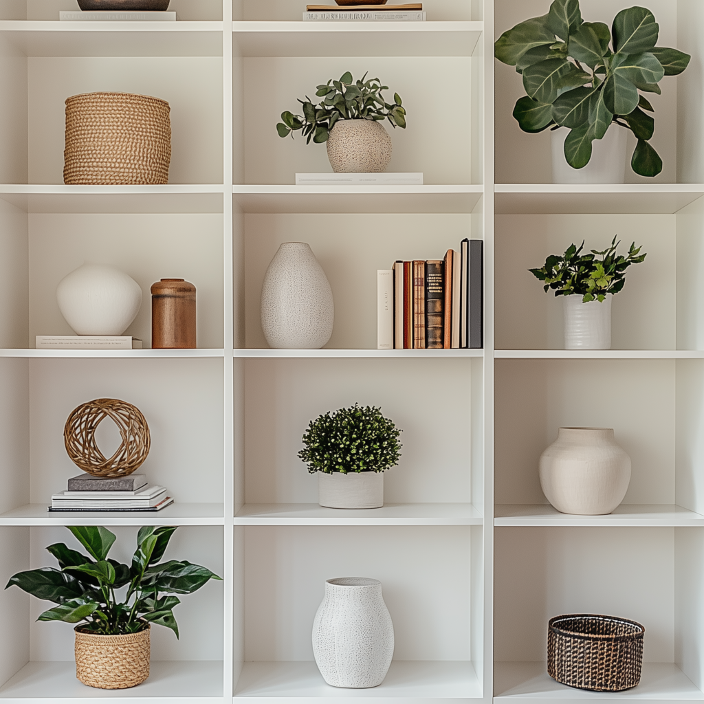 White bookshelf with neutral home decor accessories perfectly placed. Shelf styling inspired by luxury hotels.