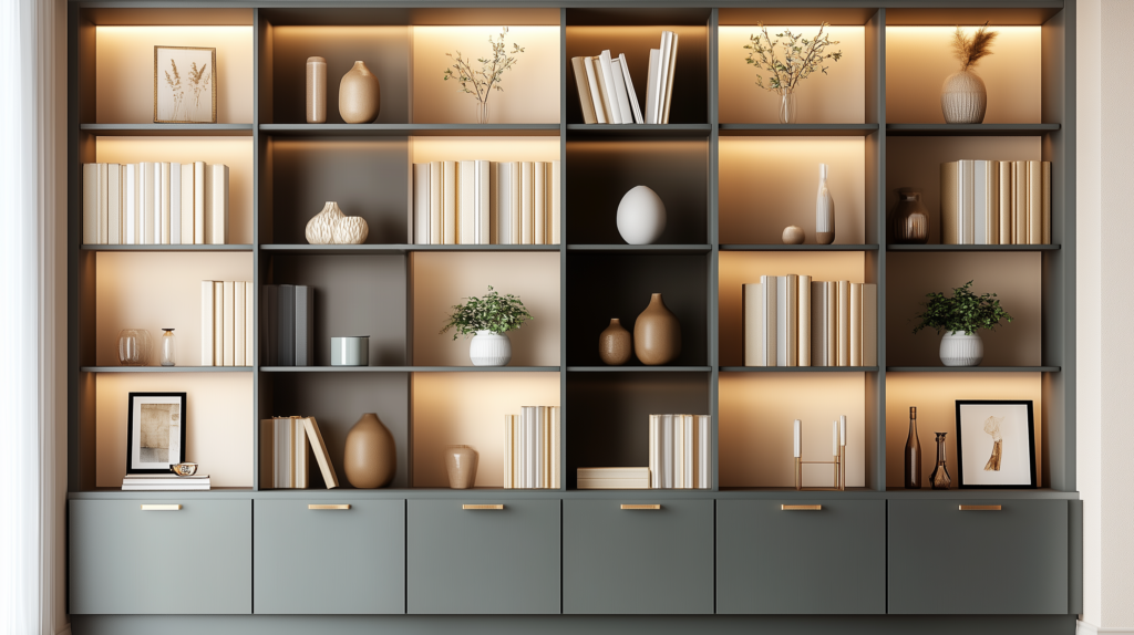 Beautifully styled open bookshelf with cabinets below, shelf styling inspired by luxury hotels