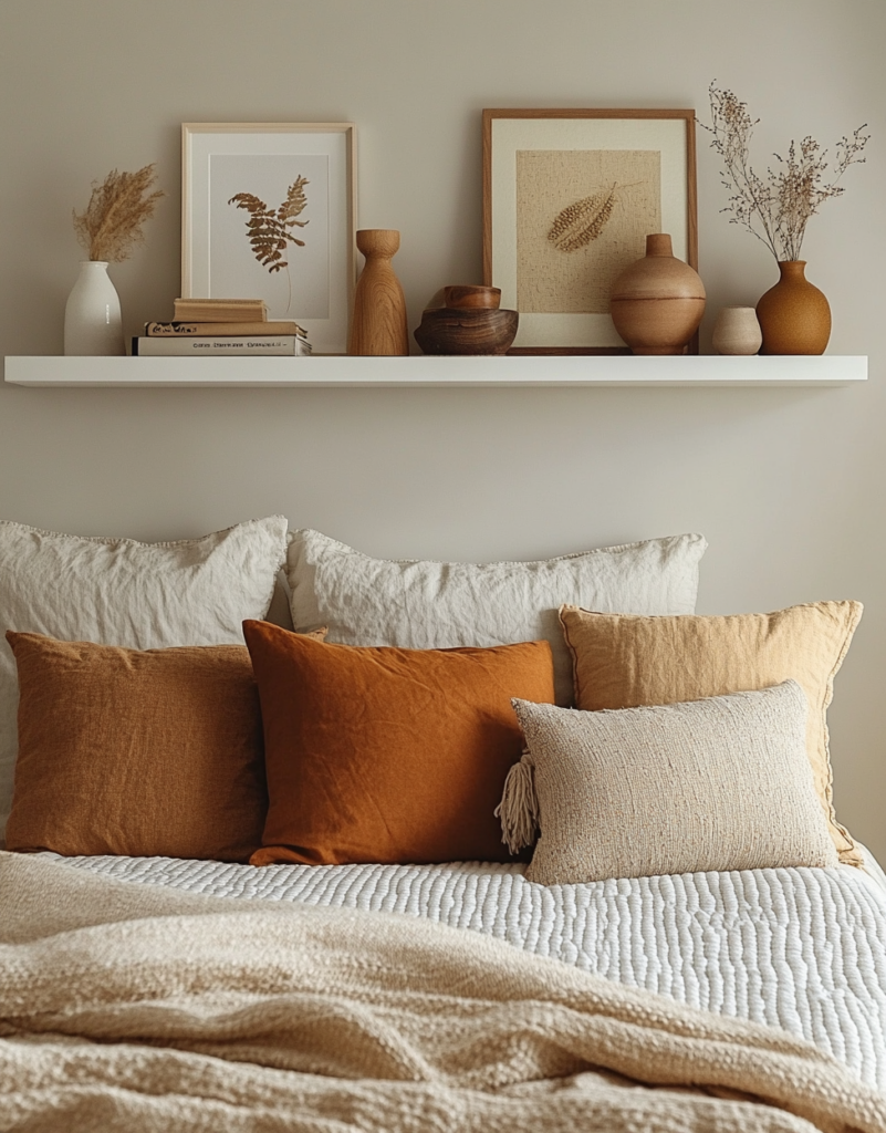 Boho style bookshelf with home decor accessories above bed with throw pillows. Shelf styling inspired by luxury hotels.