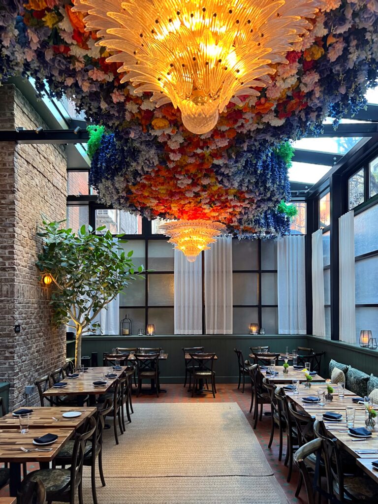 Floral ceiling installation designed by Preston Bailey inside the Rosevale restaurant inside the Civilian Hotel, one of New York City's most aesthetic spaces.