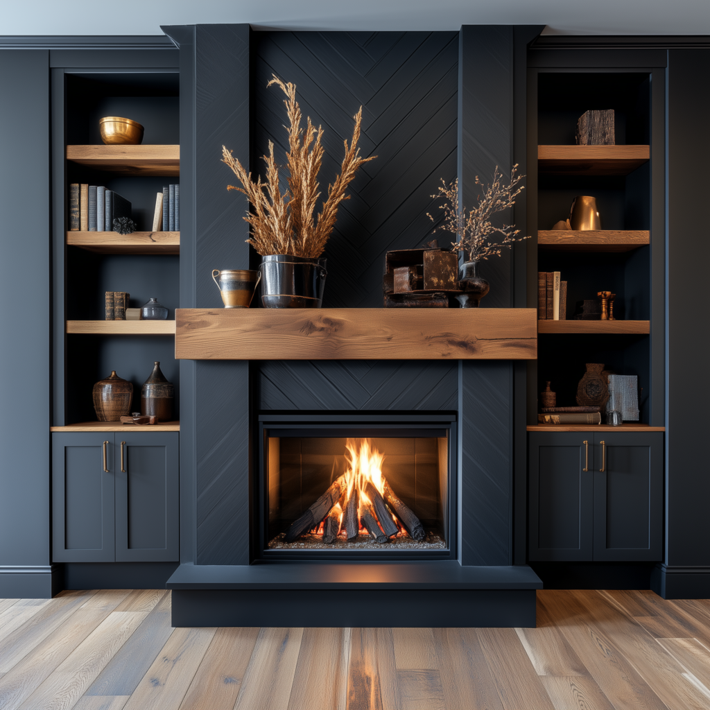 Rustic fireplace with wood mantle and bookshelves styled with home decor accessories. 