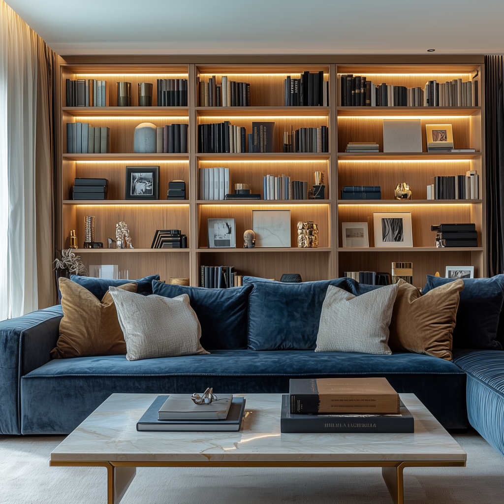 Navy sofa with throw pillows and bookshelf as inspo for shelf styling