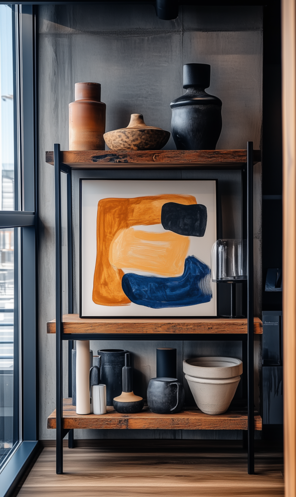 Rustic industrial style bookshelf in modern loft apartment, next to window. Shelf styling inspired by luxury hotels.