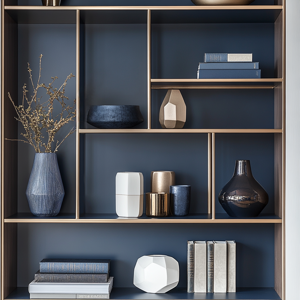 Close up of gold shelf with navy monochromatic home decor elements for shelf styling inspired by luxury hotels