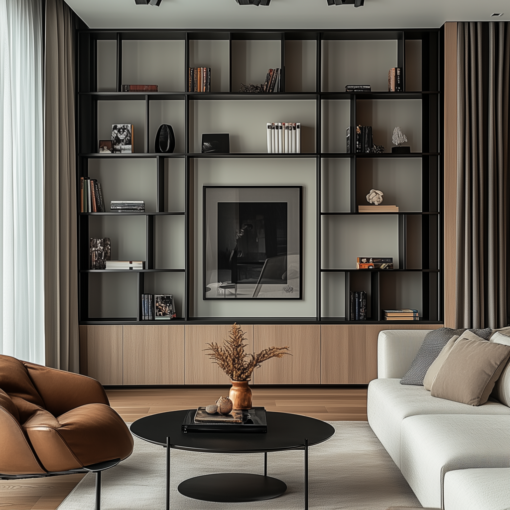 Modern bookshelf in contemporary living room with styled decor using negative space to achieve a composition. Shelf styling inspired by luxury hotels.