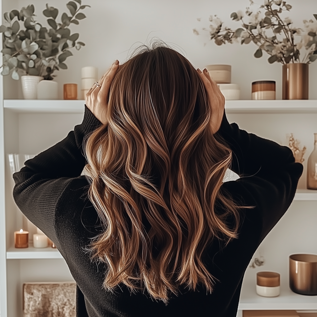 View of distressed woman looking at shelves. Shelf styling inspired by luxury hotels.