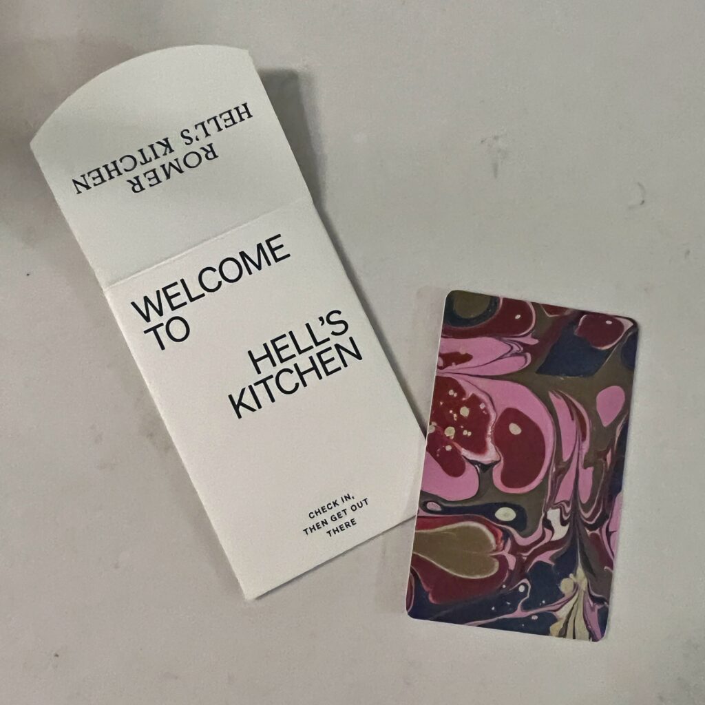 Room key artwork from the Romer Hells Kitchen Hotel, one of New York City's most aesthetic spaces.