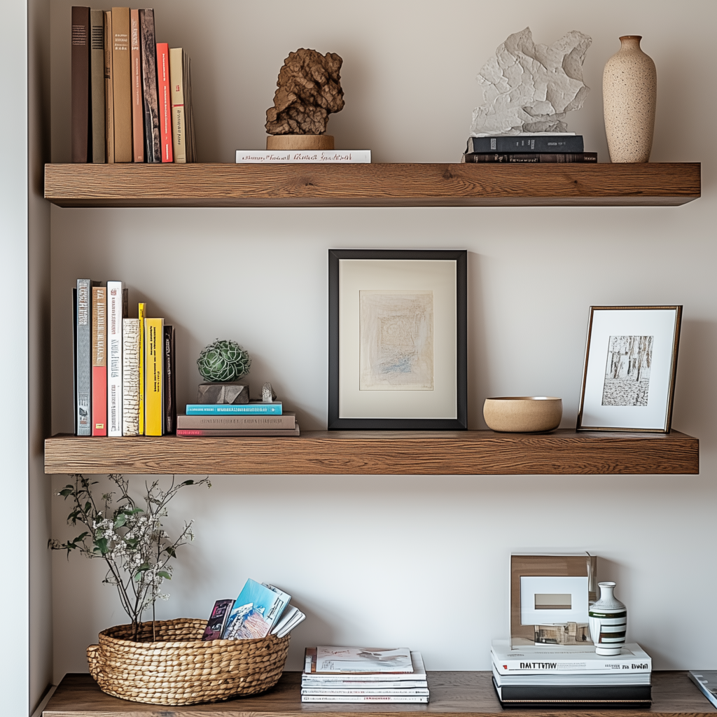 Bookshelf with home decor accessories and books on wooden shelves. Shelf styling inspired by luxury hotels.