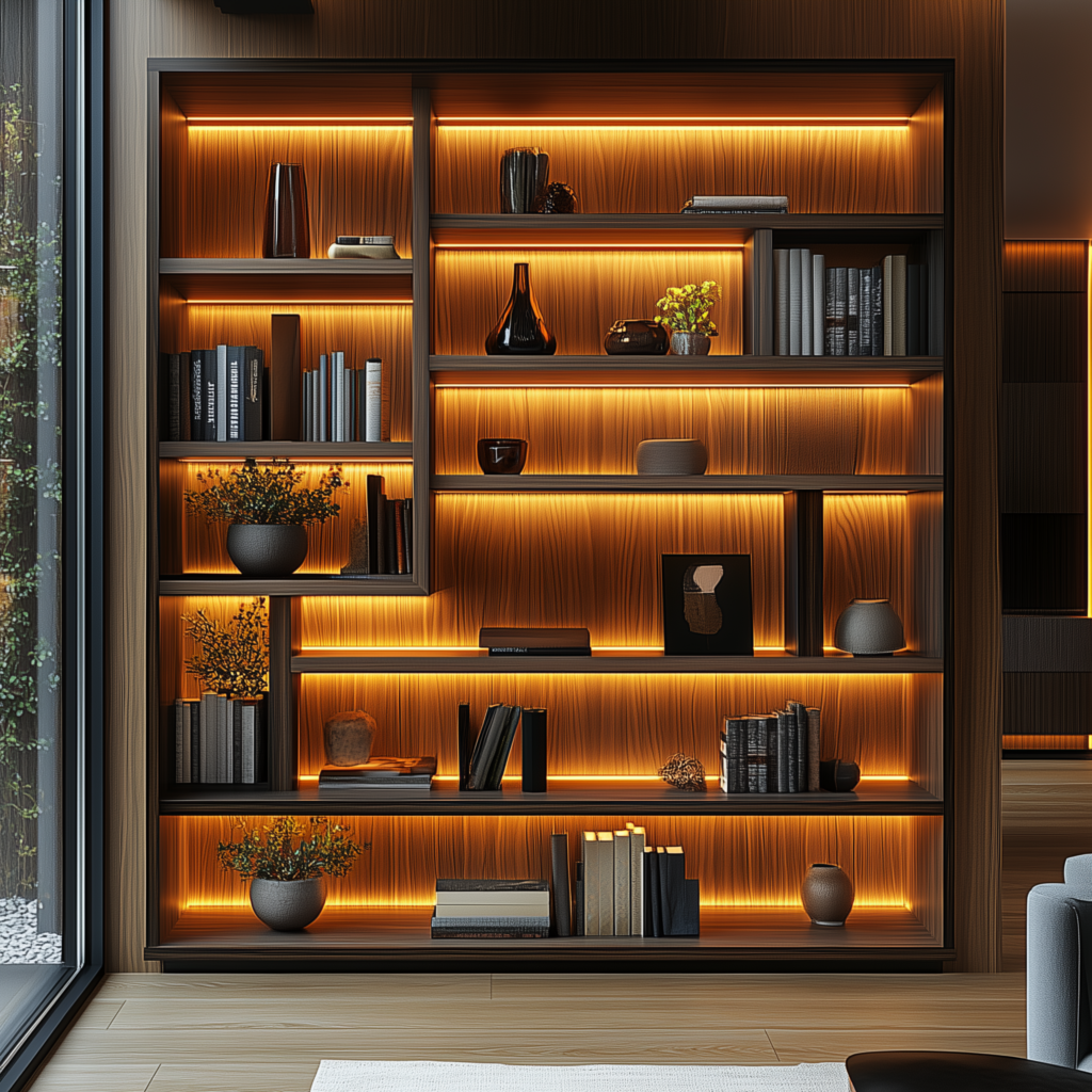 Backlit wooden bookshelf with modern decor and books. Shelf styling inspired by luxury hotels.