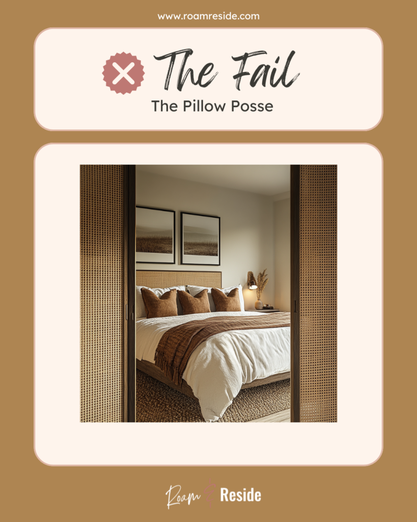 Throw pillow styling tips - The Fail - The pillow posse: a series of identical pillows placed next to each other on a bed.