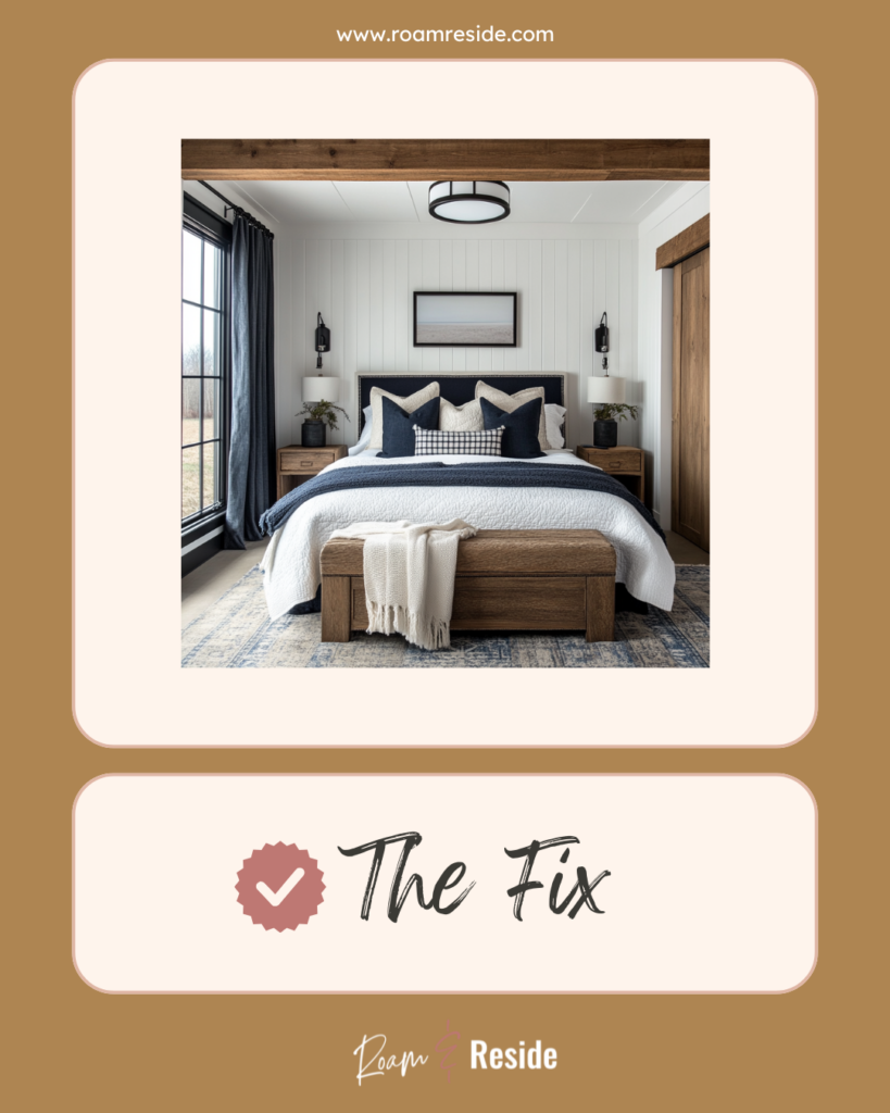 Throw pillow styling tips - an assorted eclectic mix of pattern and textured throw pillows in a rustic modern bedroom.
