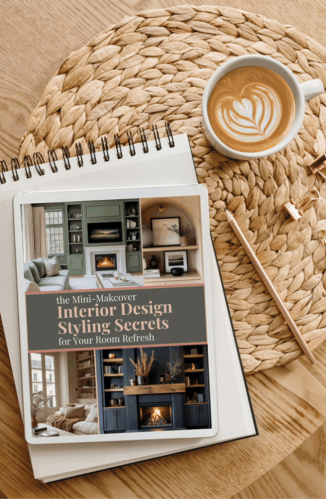 Flatlay of a cozy workspace with a latte art coffee, gold pen, and woven placemat, featuring a digital guide titled ‘Mini-Makeover Interior Design Styling Secrets for Your Room Refresh’ displayed on a tablet, showing styled living rooms with fireplaces, shelving, and modern decor.