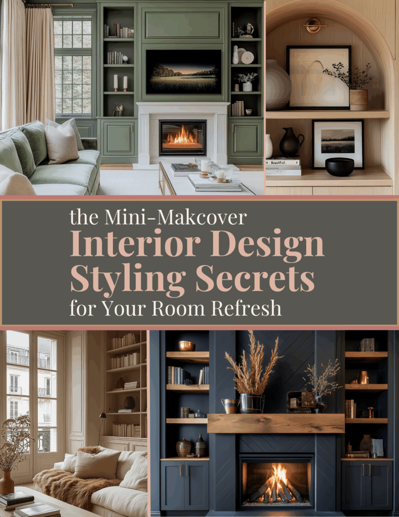 Promotional graphic for the ‘Mini-Makeover Interior Design Styling Secrets’ guide, featuring stylish living room designs with fireplaces, built-in shelving, and cozy modern decor.