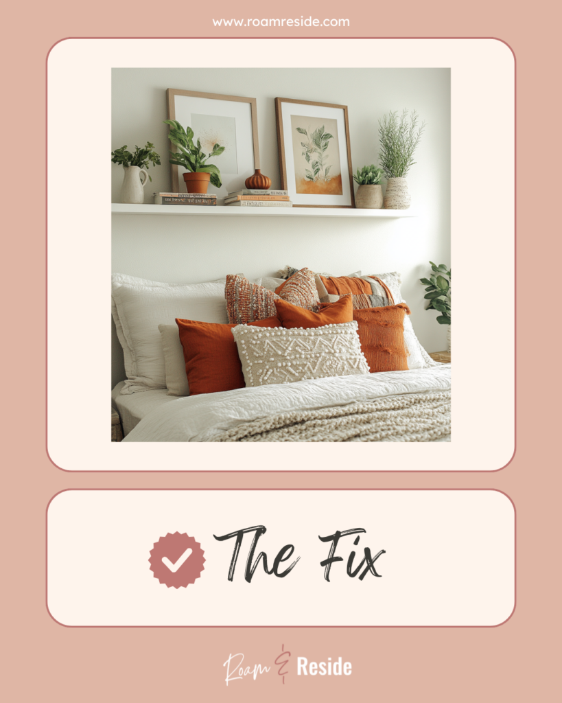 Throw pillow styling tips - an assorted eclectic mix of pattern and textured rurst-colored throw pillows in a bedroom under a stylish shelf with plants and accessories.