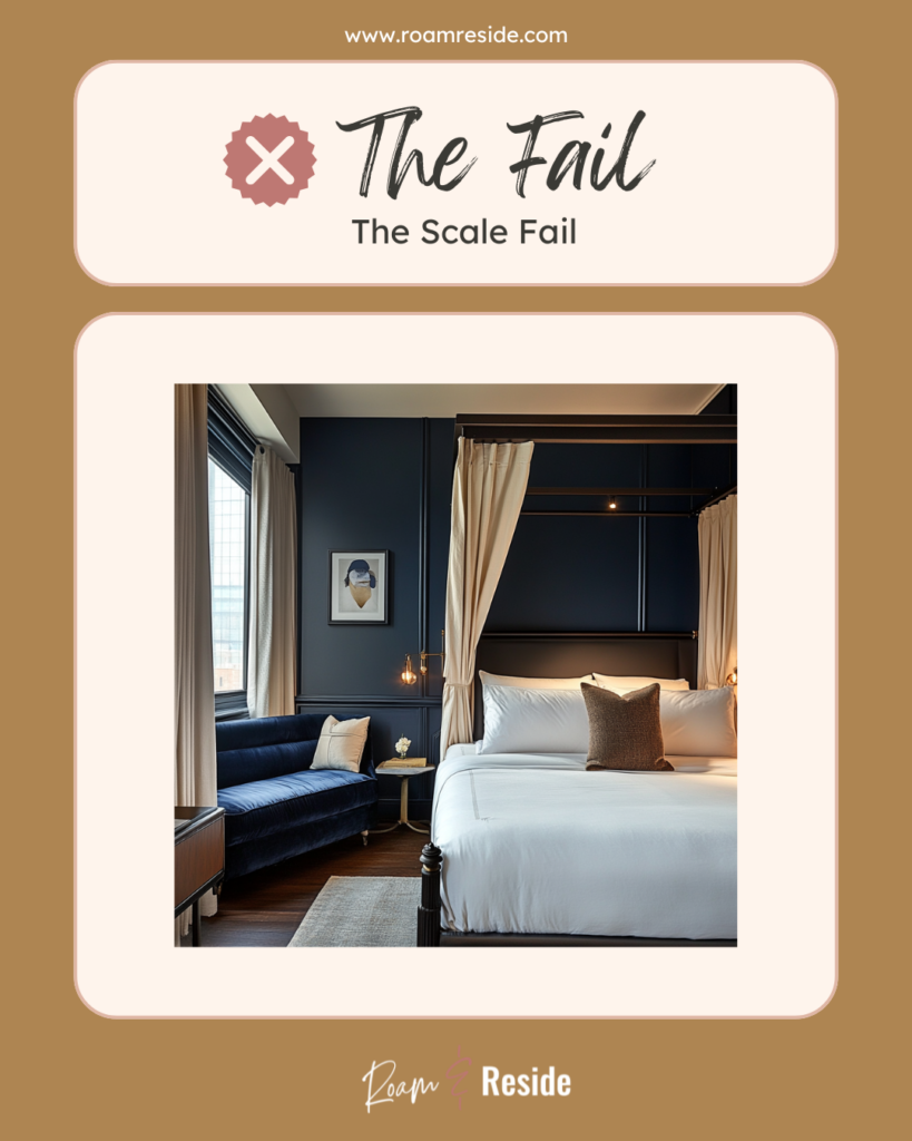 Throw pillow styling tips - The Fail - The scale fail: One very small throw pillow paced on a large canopy bed is too small and needs others to be scaled to the size of the bed.