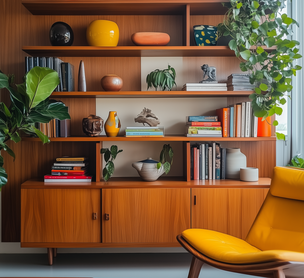 Vintage mid-century modern bookshelf with colorful accents and accessories with mustard-yellow lounge chair in foreground.