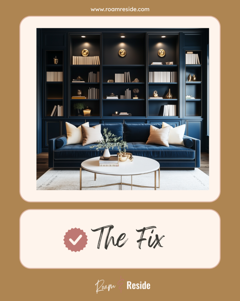 Throw pillow styling tips - a symmetrical arrangment of throw pillows on a navy velvet sofa under a stylish bookcase.