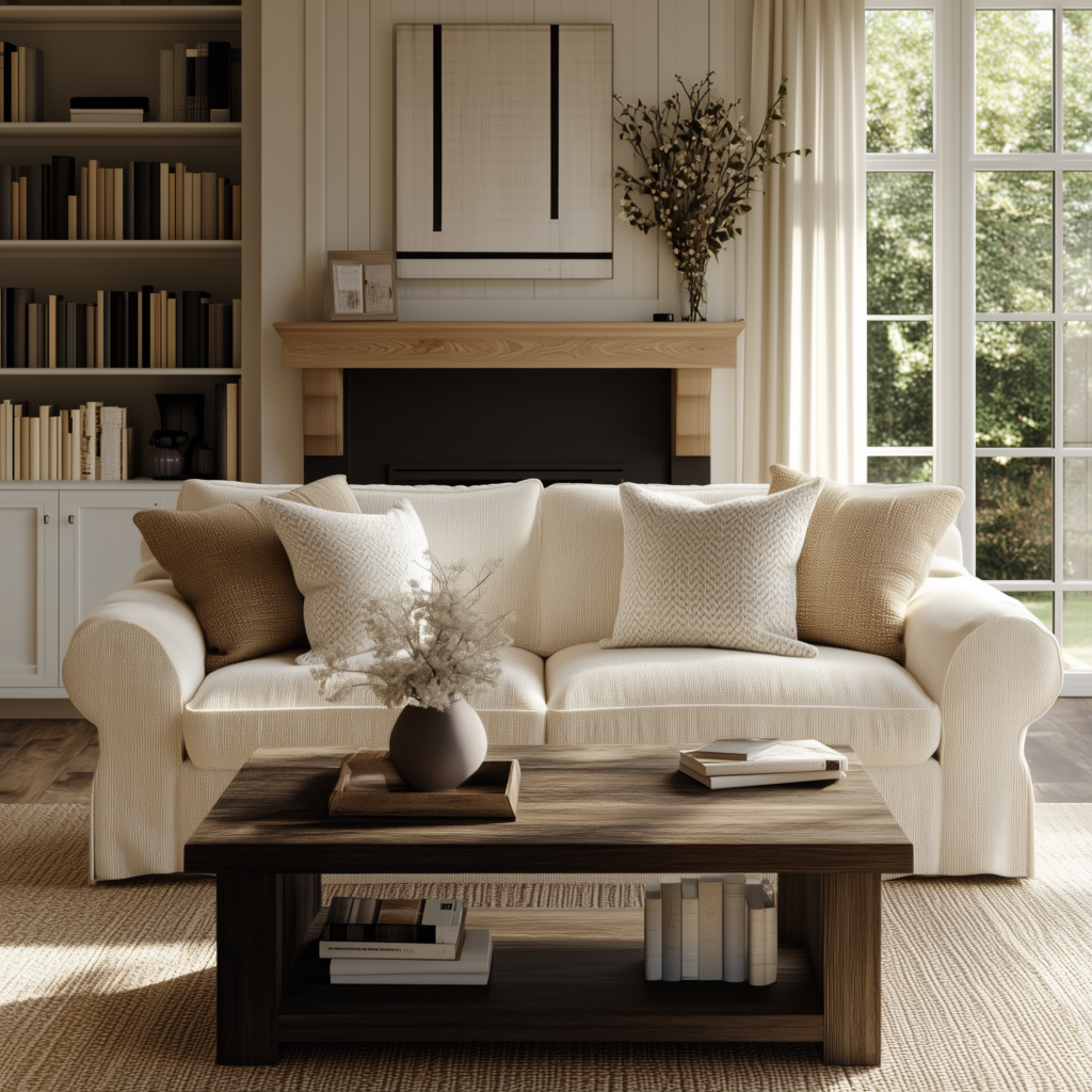 A neutral living room with a rustic wood coffee table, and a linen sofa with an arrangement of stylish throw pillows in front of a fireplace.