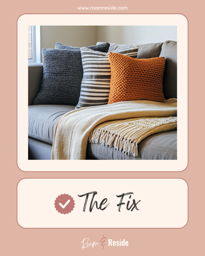 Throw pillow styling tips - a combo of throw pillows with a mix of textures and colors that sit on a throw on a sofa.