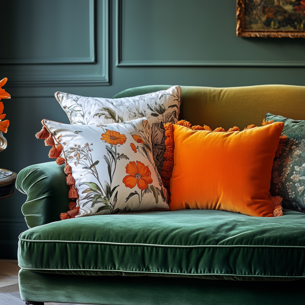 An elegant emerald green velvet sofa with a series of stylish throw pillows with botanical patterns and pom fringe.