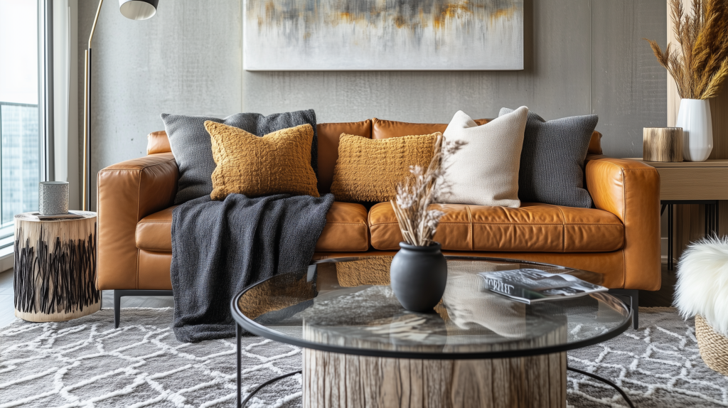 Styled leather sofa with a mix of throw pillows next to wooden side tables.