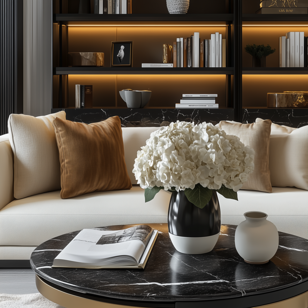 A vase of hydrangea flowers on a coffee table in front of a stylish sofa with throw pillows with an illuminated bookshelf as the backdrop.