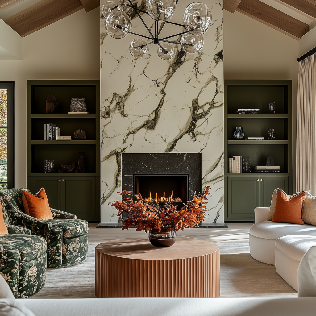 A central marble fireplace flanked by two sage green bookshelves with stylish lounge chairs and throw pillows in a modern living room.