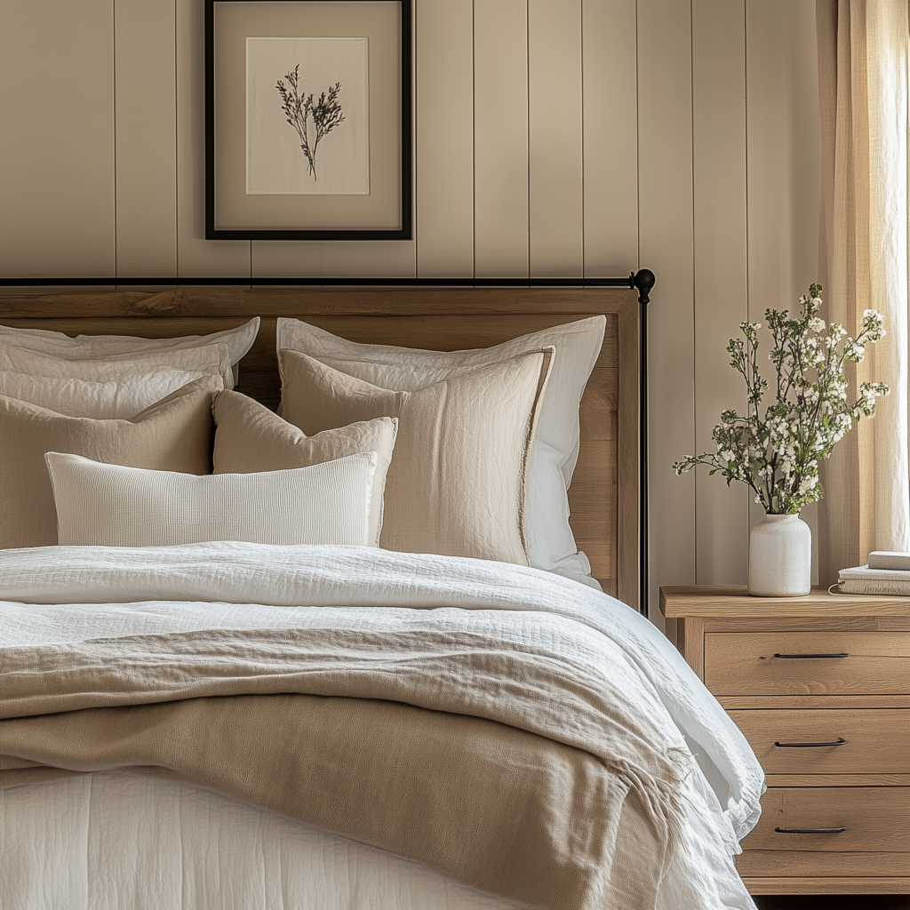 Throw pillow styling tips - neutral linen bedding in a modern rustic interior design room with ship lap wall.