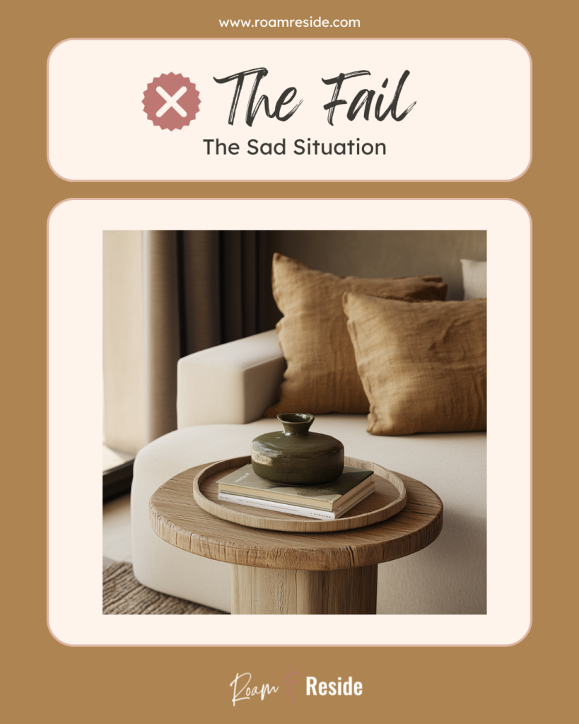 Throw pillow styling tips - The Fail - The texture tragedy: All of the beige throw pillows on the sofa are lacking texture and pattern and are boring and matching.