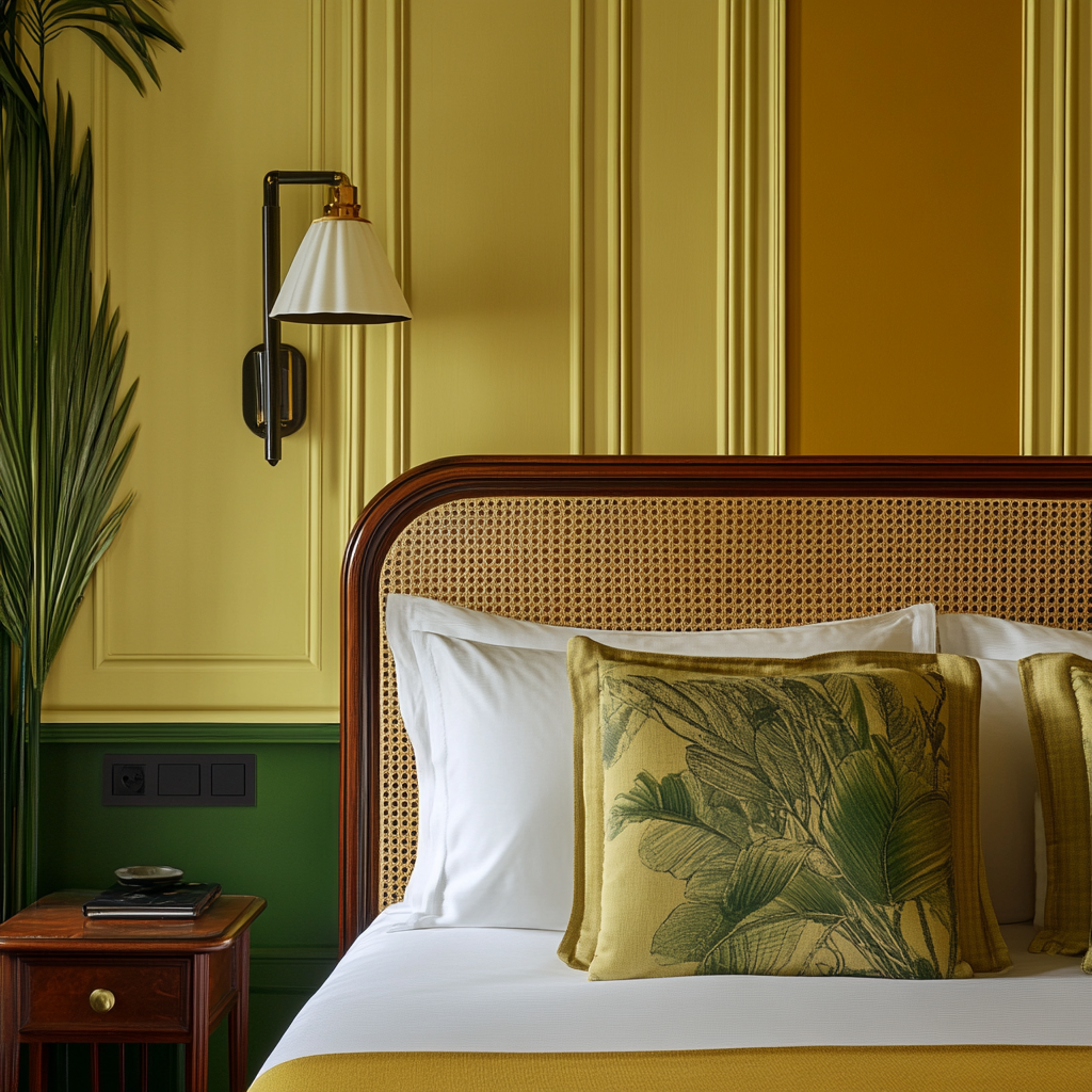A rattan headboard under a feature wall with botanical throw pillows giving a tropical vibe to the room.