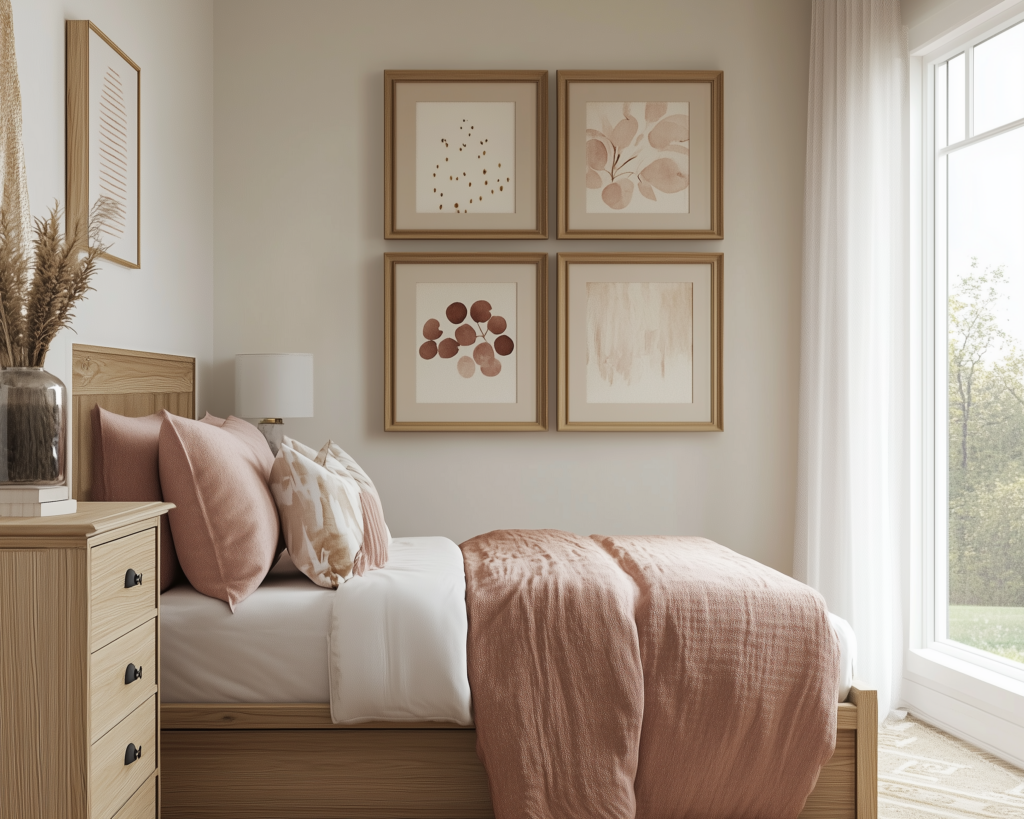 Throw pillow styling tips - a bed styled with mauve throw pillows and a cozy throw under a gallery wall of artwork.