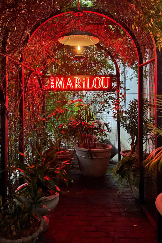 Entrance to Bar Marilou in New Orleans, Moody garden tunnel with hanging pendant light, overgrown vines, potted plants, and bold red “Bar Marilou” neon sign against a dark metal frame