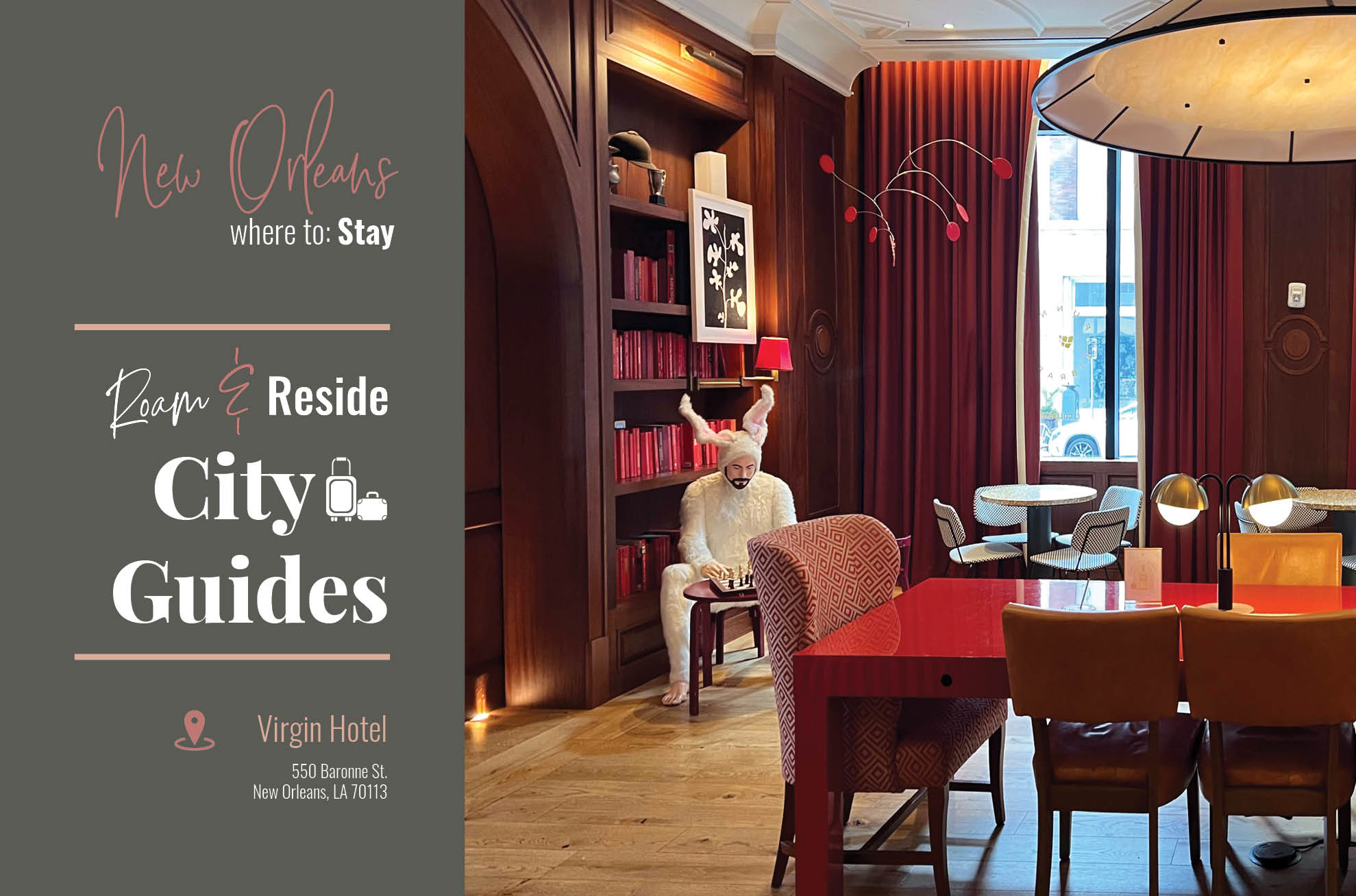 Library lounge at Virgin Hotel New Orleans featuring bold red bookshelves, eclectic seating, and the whimsical Bunny Man sculpture — a playful example of the hotel’s boutique design style.