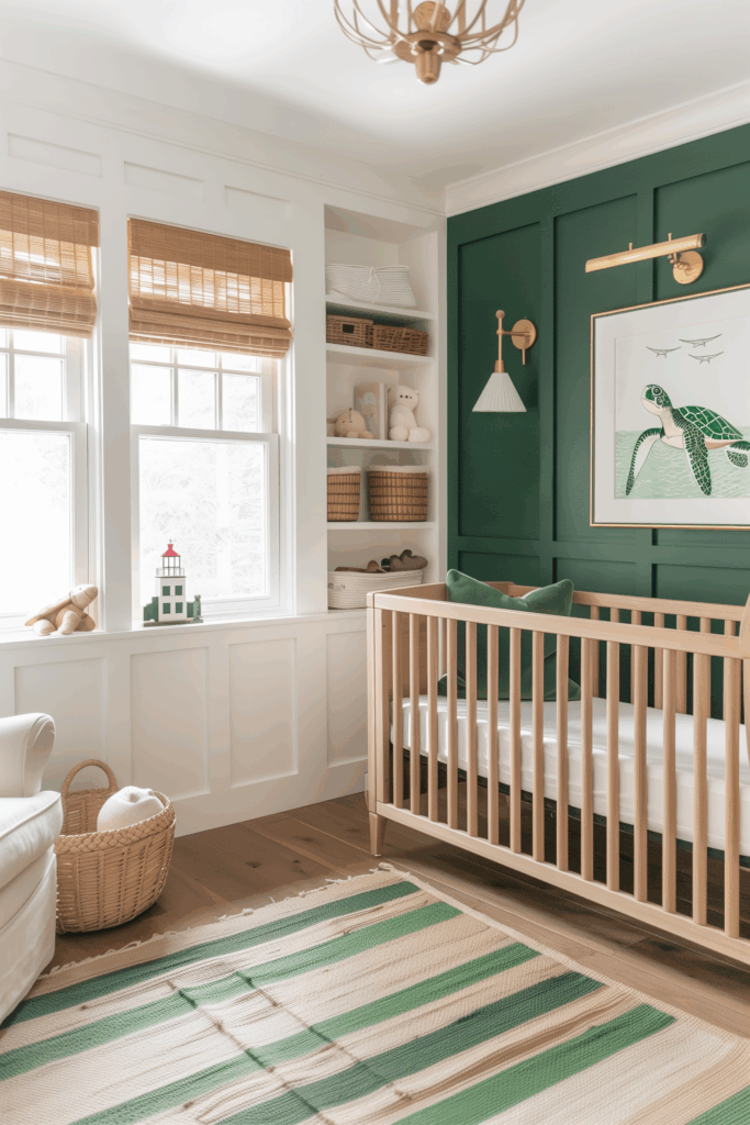 Coastal nursery inspiration featuring a deep green accent wall with framed marine sea turtle artwork, lighthouse sculpture, natural wood crib, rattan shades, woven textures, and brass sconces for a chic nautical baby room.